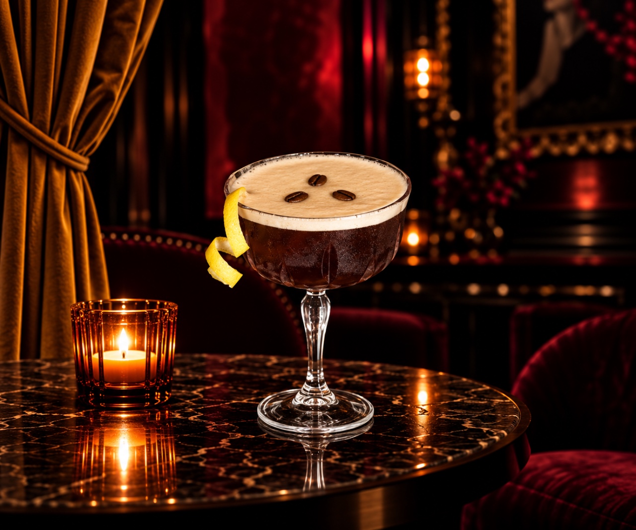 A Bad Rabbit cocktail, shot dark and close on marble.